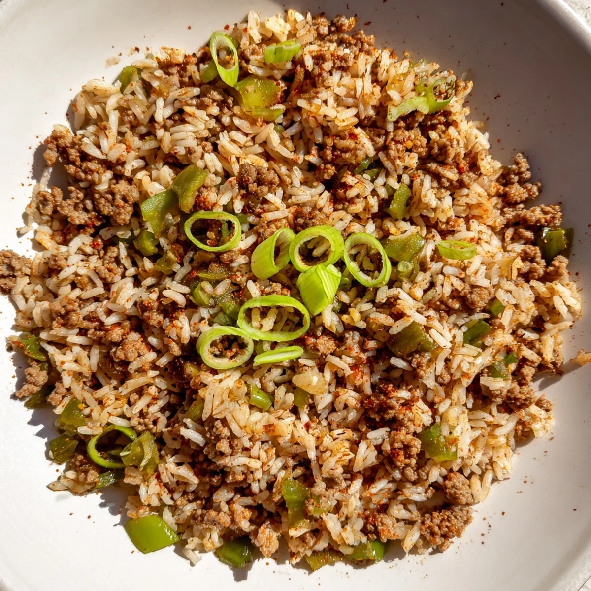 A steaming bowl of Cajun Dirty Rice, a hearty Southern dish filled with flavorful meats.