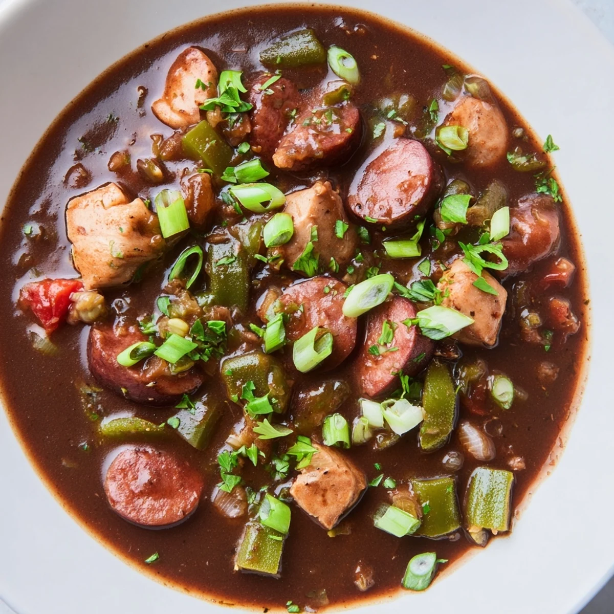 Hearty Gumbo Okra Soup, packed with chicken, sausage, and vegetables, simmering in a flavorful broth.