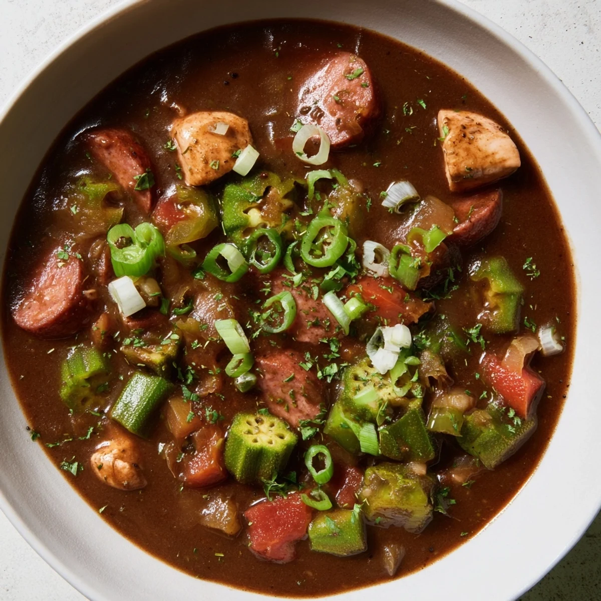 Deep brown roux base in this vibrant Gumbo Okra Soup, a taste of Louisiana comfort food served with rice.