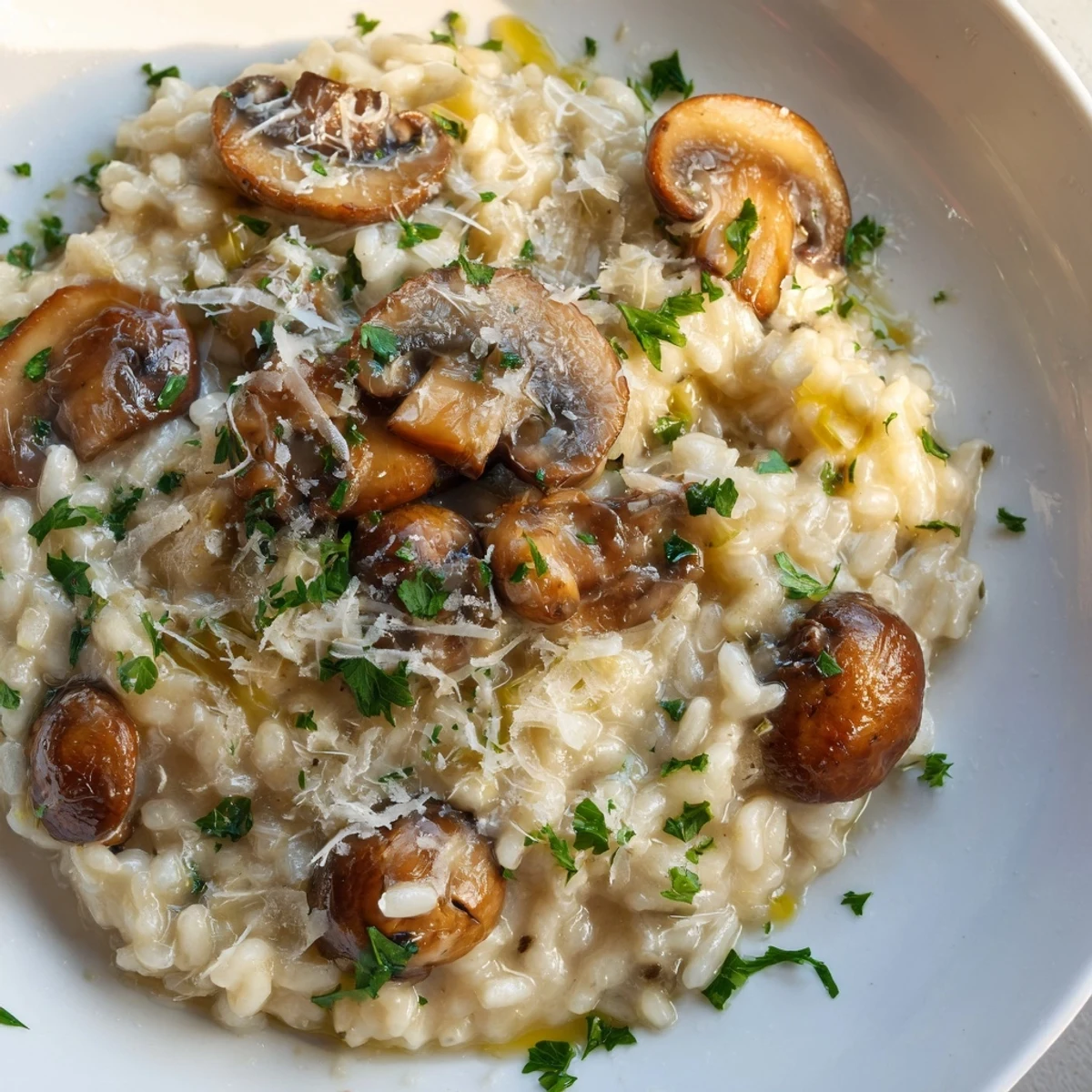 Creamy, golden finished risotto with mushrooms, perfect comfort food, ready to serve with Parmesan.