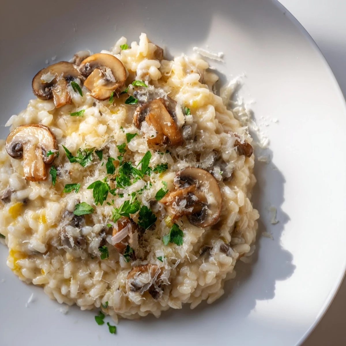 A close-up of a bubbling risotto with mushrooms, showing the creamy texture and fresh parsley.