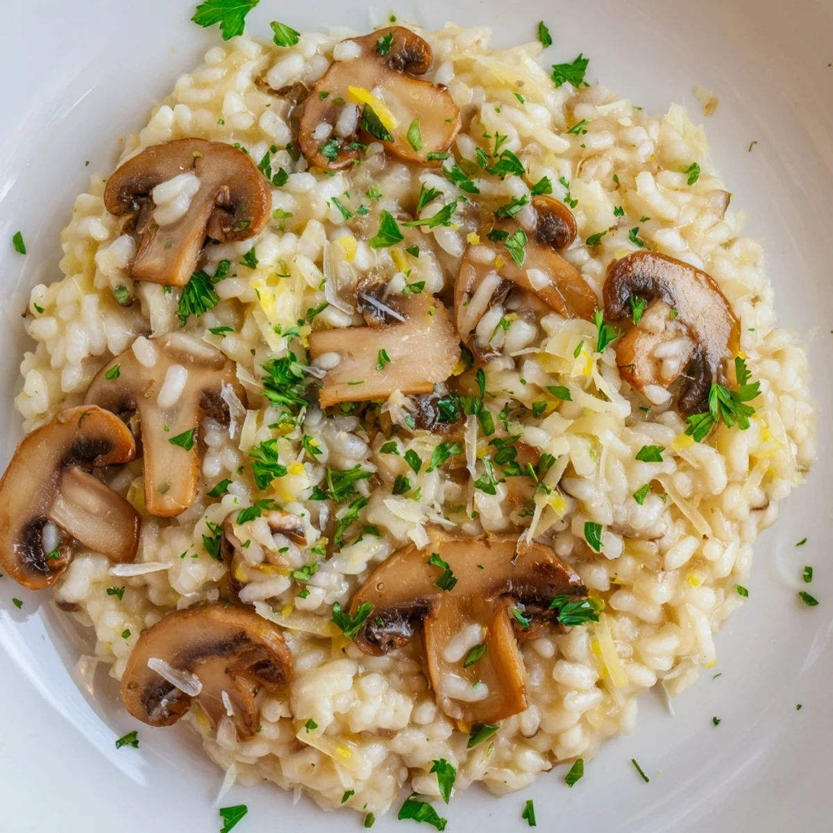 Italian risotto with mushrooms, richly flavored and garnished, is a delicious vegetarian main dish.