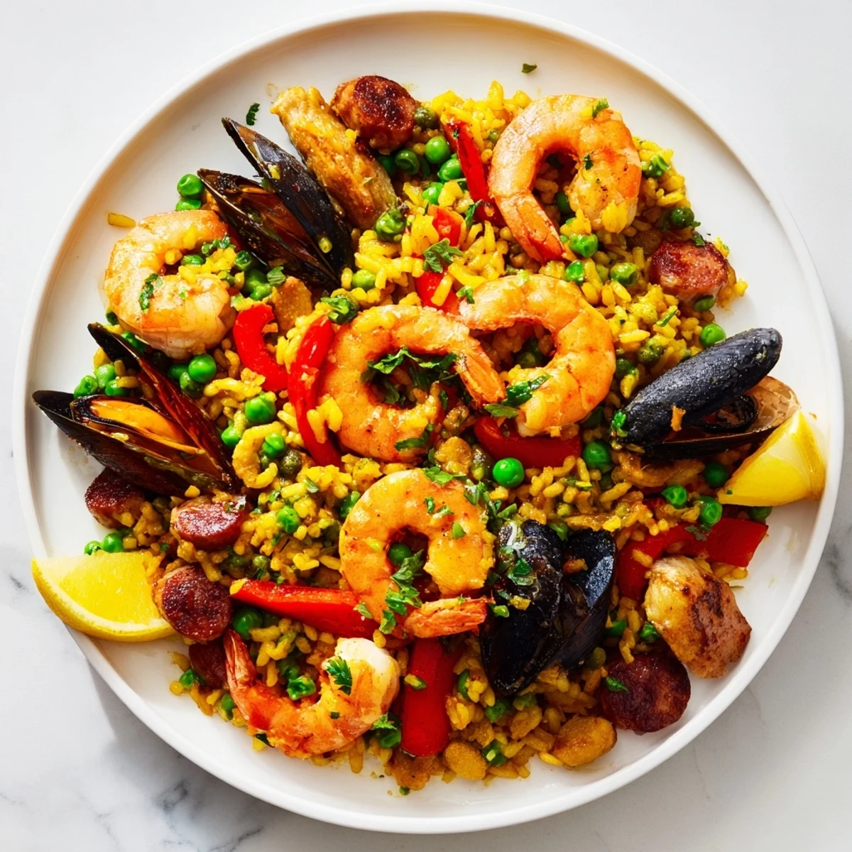 Golden Saffron-infused Paella Spanish Rice, studded with seafood, chicken, and colorful bell peppers.