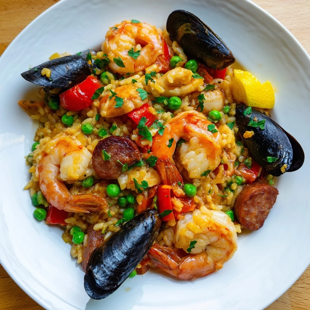 Fragrant Paella Spanish Rice, a Spanish masterpiece with shrimp, mussels, and saffron's delightful color.