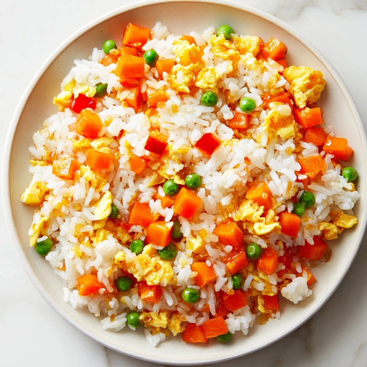 Golden, fluffy Egg Fried Rice with colorful veggies and a savory soy sauce glaze.