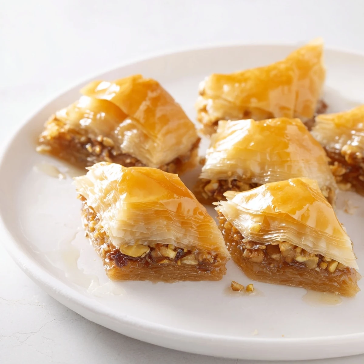 Golden, flaky Turkish Baklava drizzled with shimmering honey syrup, offering a sweet, nutty aroma.