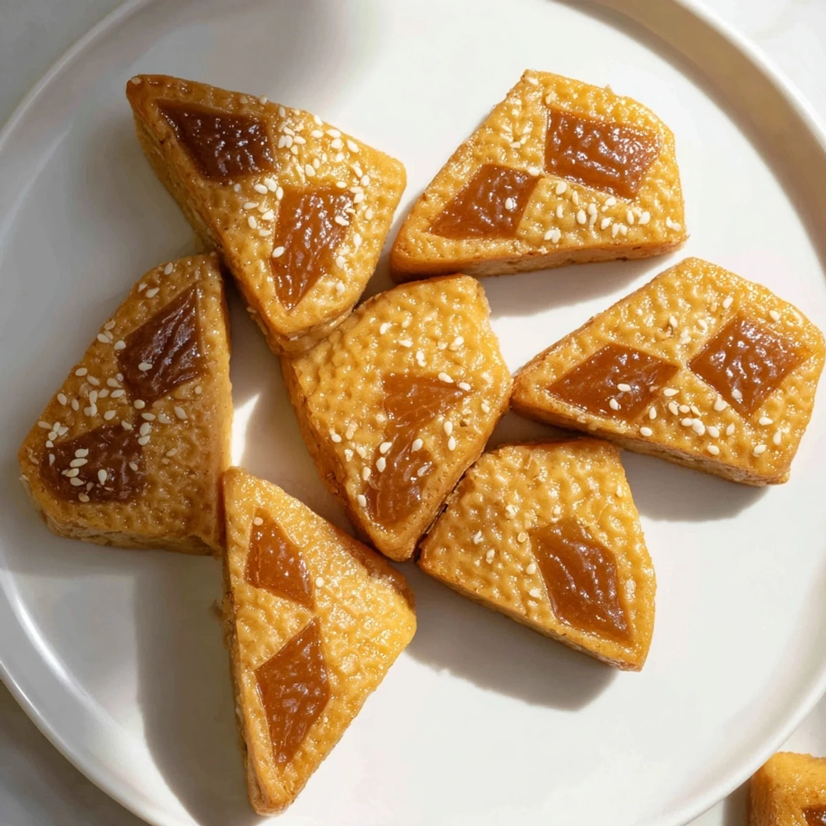 Golden-brown Tunisian Makroudh cookies, crisp on the outside, filled with spiced date paste, ready to eat.