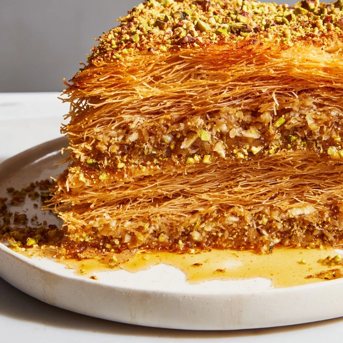 Close-up of freshly baked Egyptian Konafa with flaky kataifi pastry, glistening syrup, and chopped nuts.