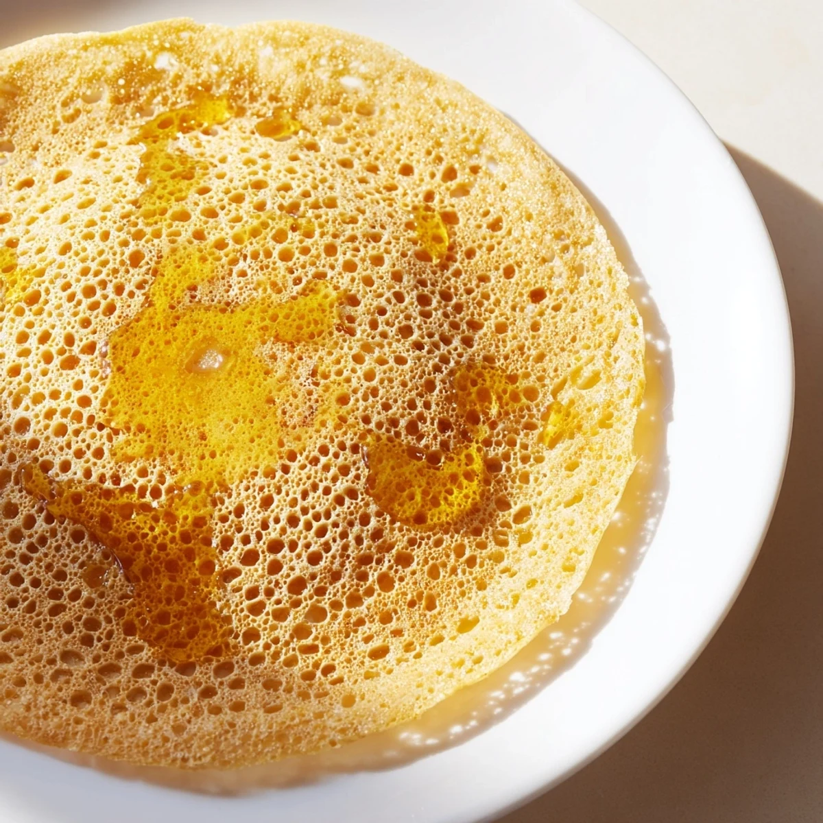 Close-up of bubbling Baghrir, the traditional Moroccan crepe, showing the characteristic honeycomb texture.