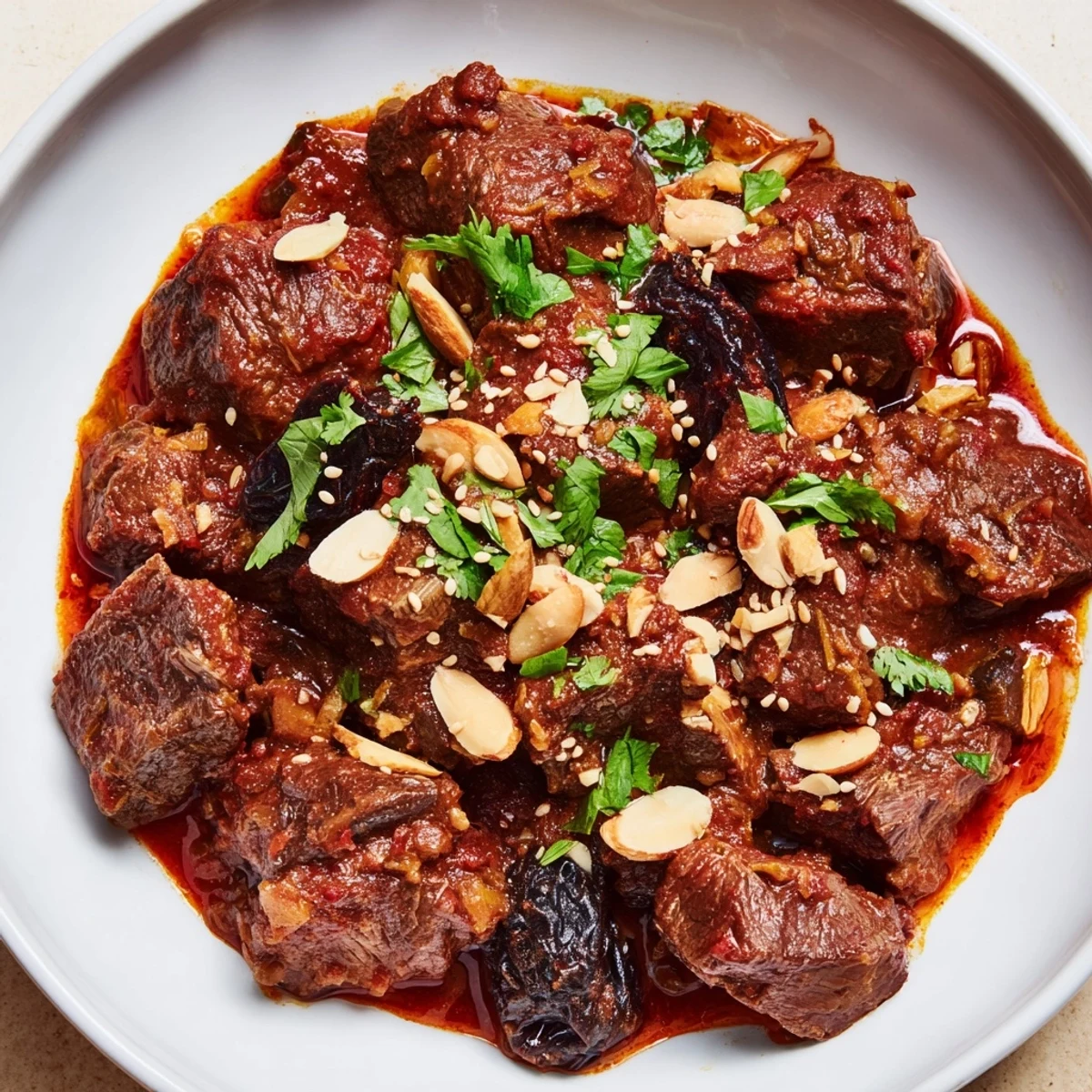 A photo shows a fragrant Moroccan Lamb Tagine, rich with prunes and toasted almonds.