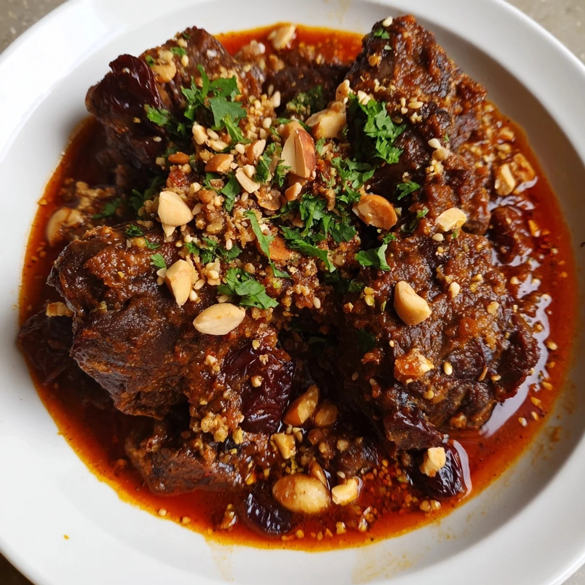 Tender, slow-cooked lamb in a Moroccan Tagine with prunes, glistening with a savory sauce.