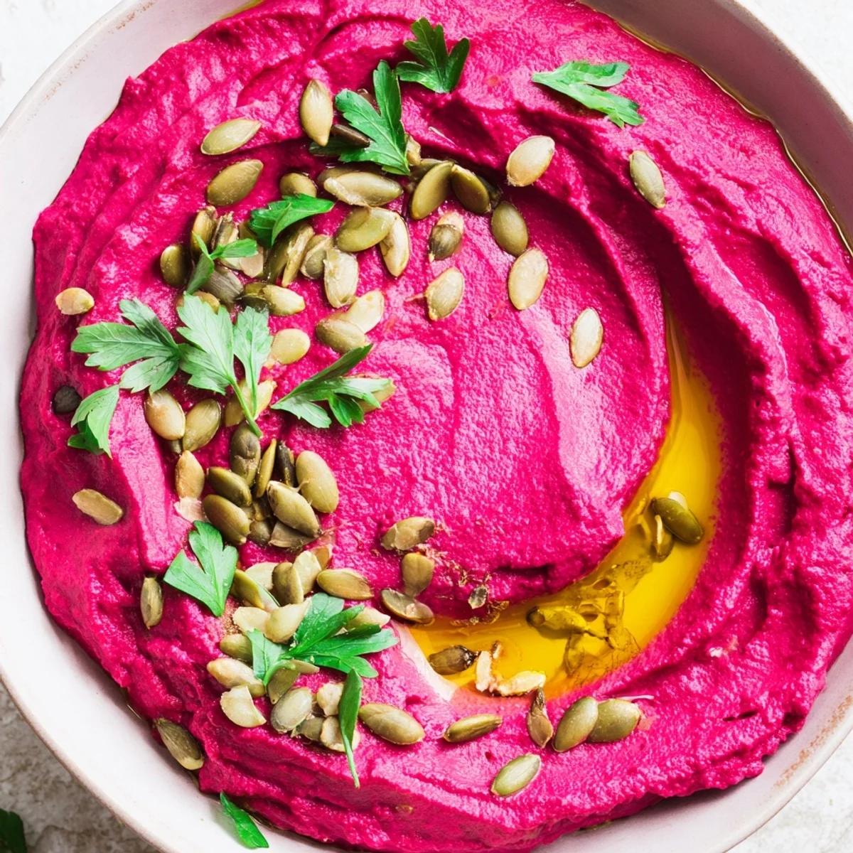 Close-up of a vibrant pink Beet Hummus in a rustic bowl, drizzled with golden olive oil and topped with toasted pumpkin seeds.  