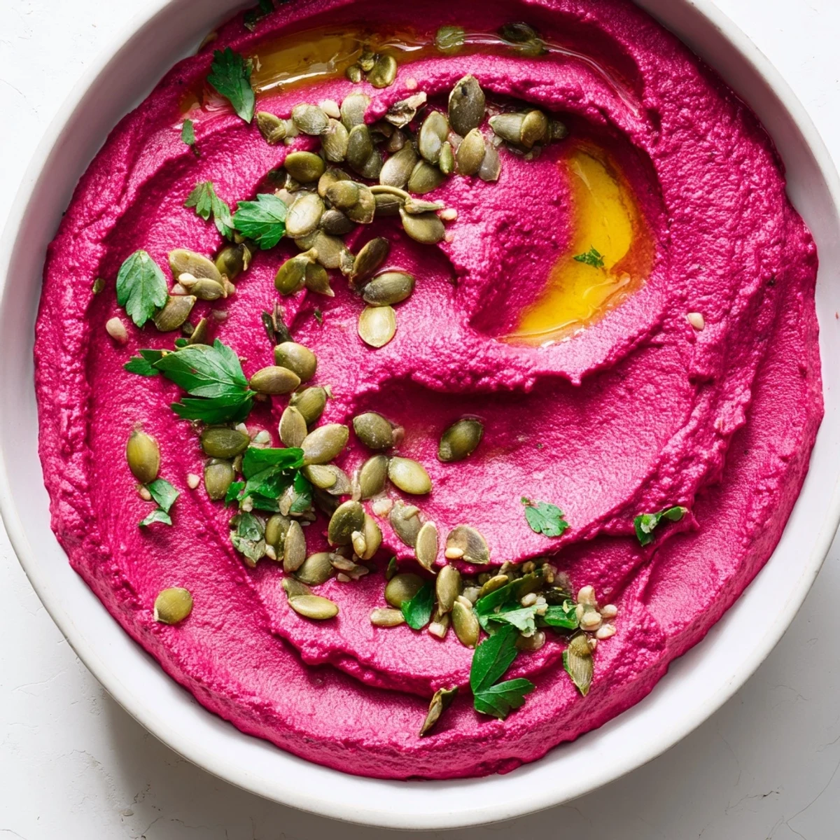 Earthy roasted beet hummus in a ceramic dish, paired with crisp raw vegetables for dipping, ready to serve.