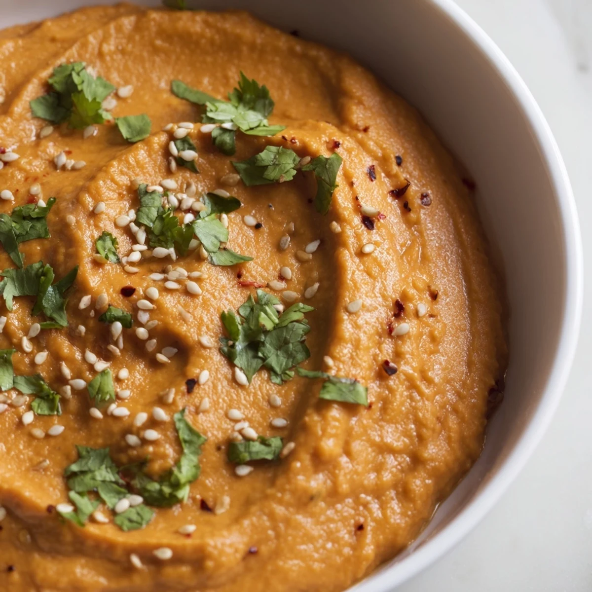 A vibrant orange carrot ginger dip topped with cilantro and sesame seeds, served with pita chips and fresh veggies.