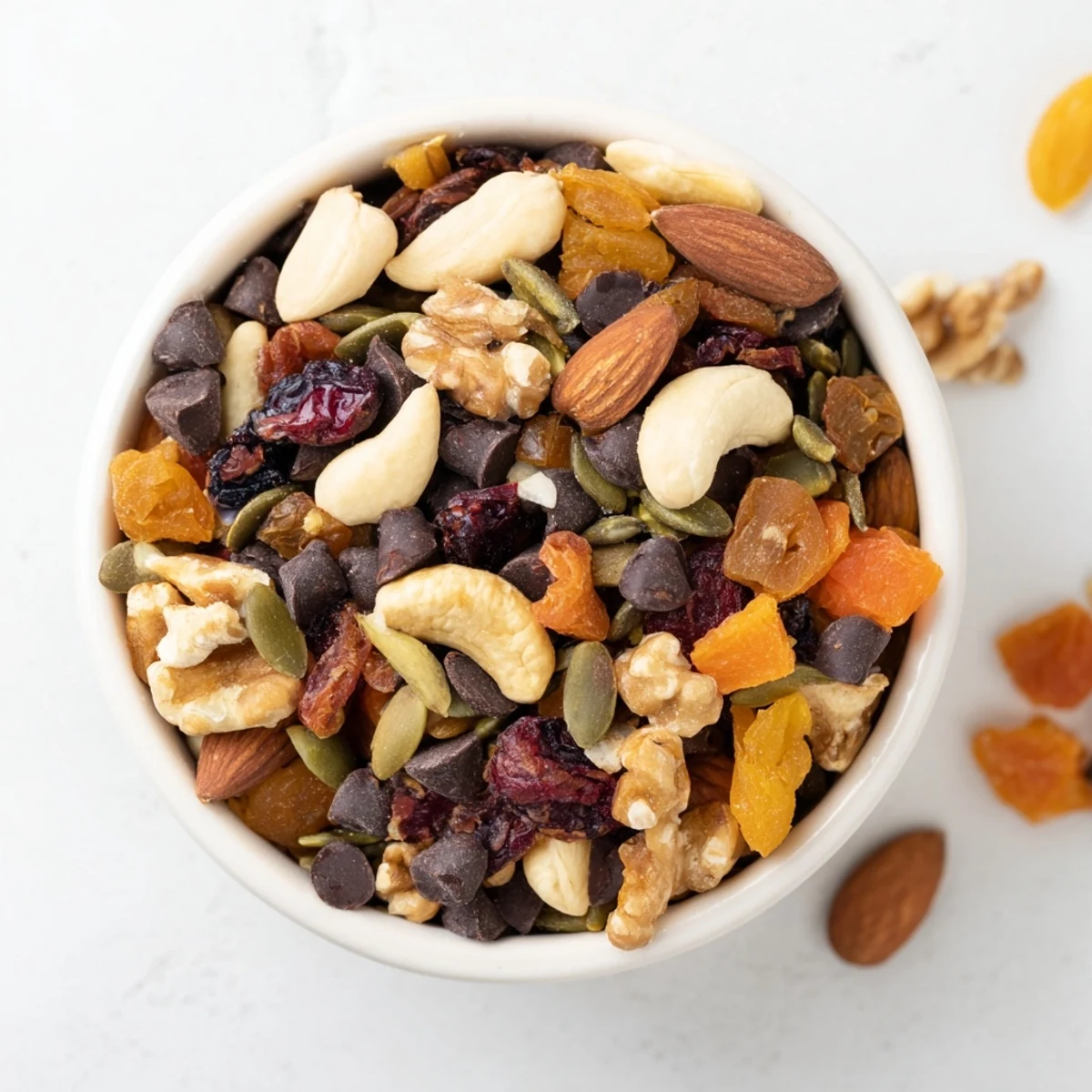 A close-up of homemade Trail Mix Custom with almonds, cashews, dried cranberries, and dark chocolate chips in a rustic bowl.  