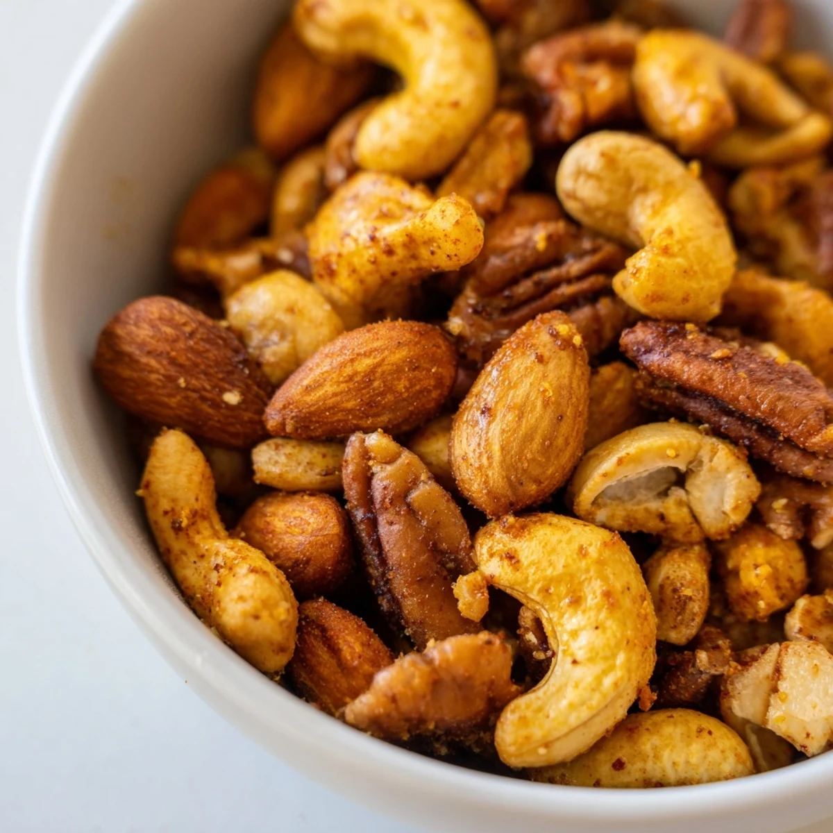 Golden roasted spiced nuts mix in a bowl, featuring a blend of almonds, cashews, pecans, and walnuts glazed with honey and aromatic spices.  