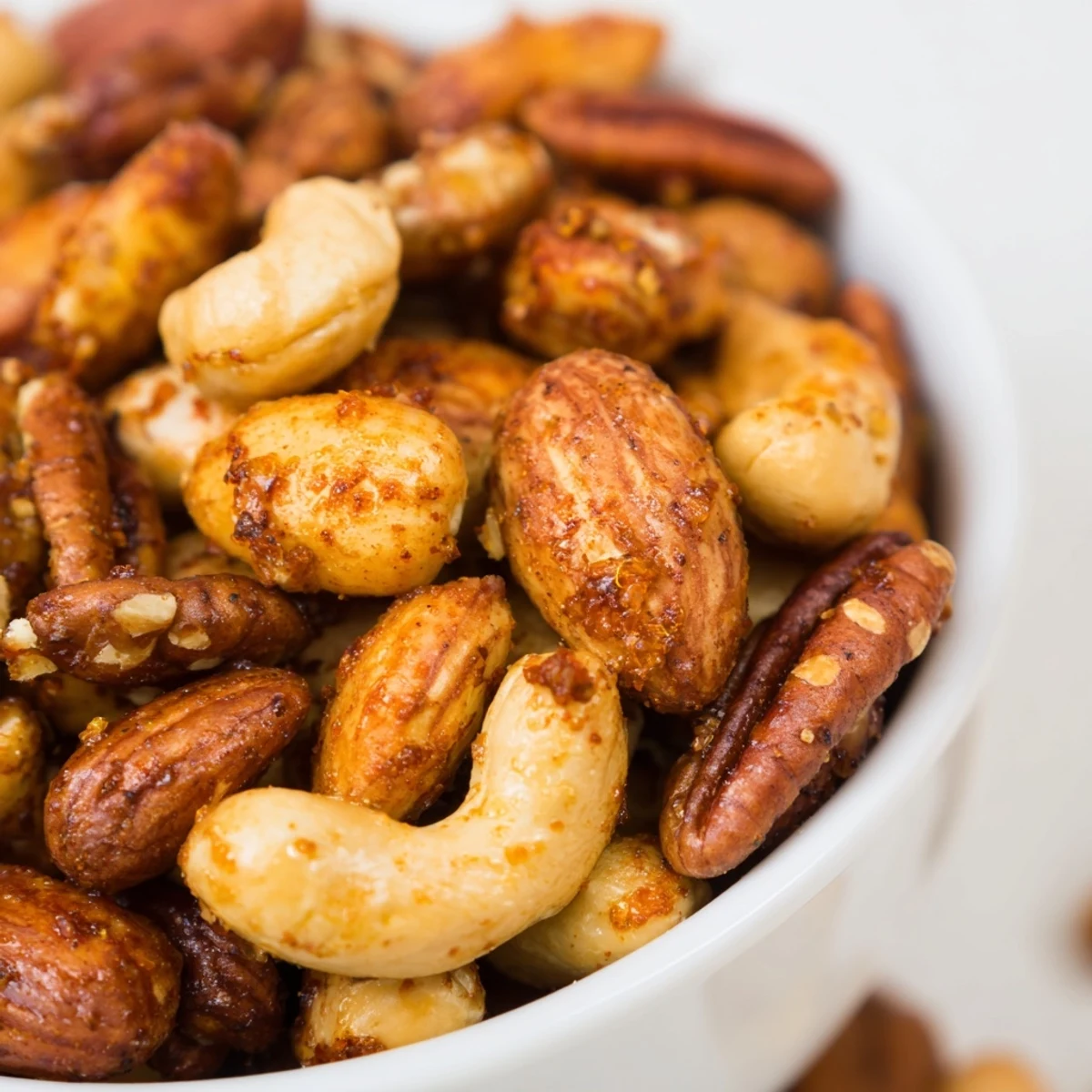 A rustic serving of spiced nuts mix next to cheese and crackers, perfect for snacking or entertaining on an appetizer board.