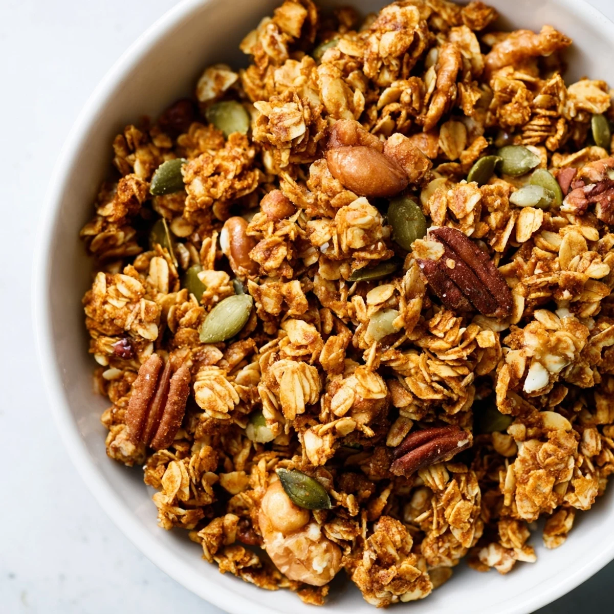 Golden-baked Granola Clusters with crunchy oats, nuts, and honey on a wooden board.
