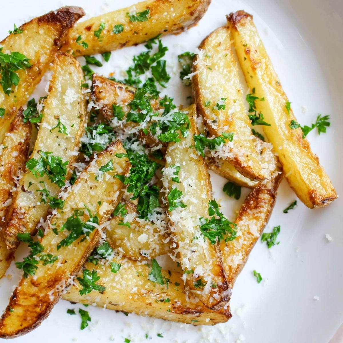 Golden-brown, crispy Truffle Parmesan Fries fresh from the oven, garnished with fresh parsley and ready to serve as a decadent side.