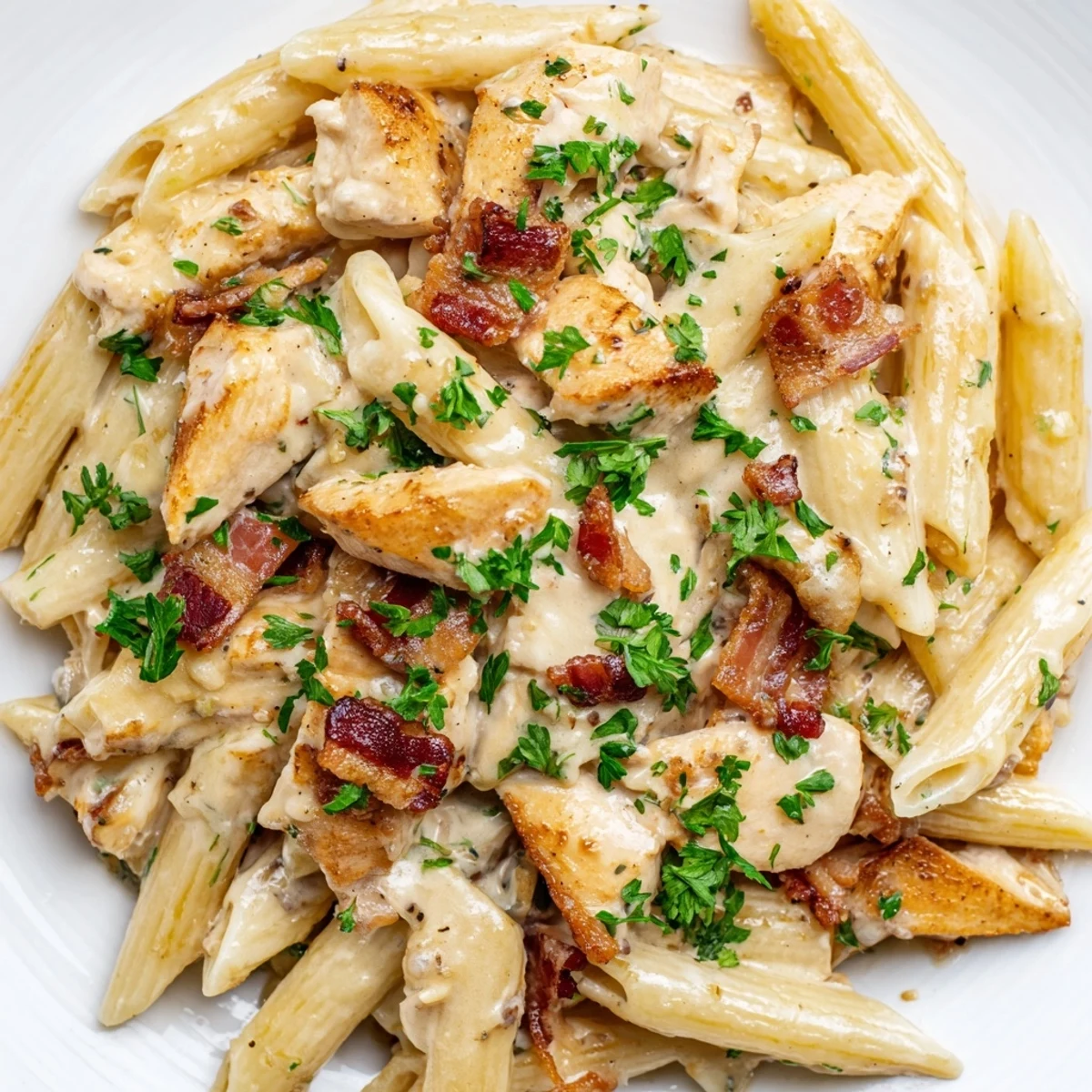 Creamy Chicken Bacon Penne pasta tossed with crispy bacon, tender chicken, and fresh parsley served in a white bowl.