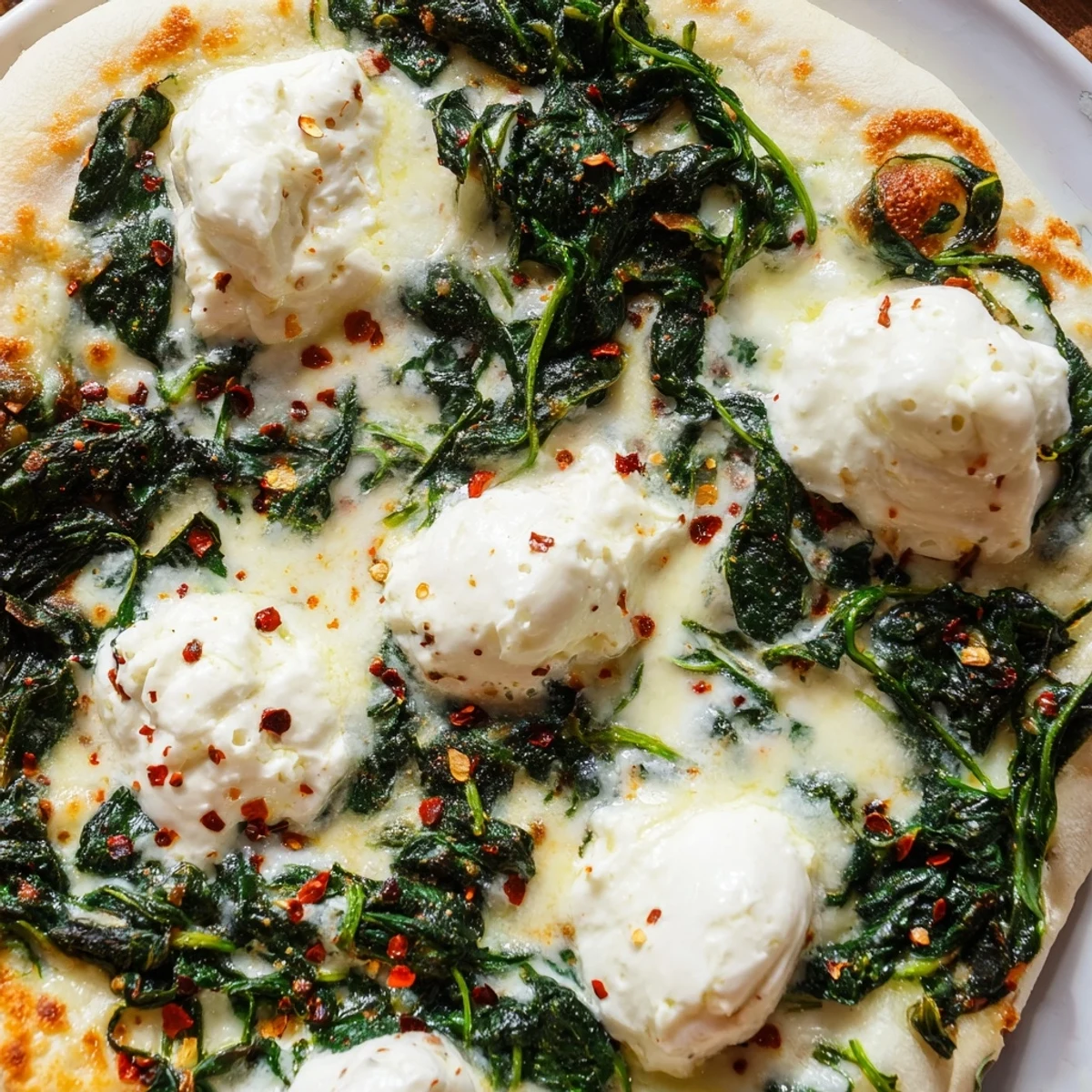 Golden spinach ricotta pizza slices on a rustic wooden board, featuring bubbling cheese and fresh herbs.