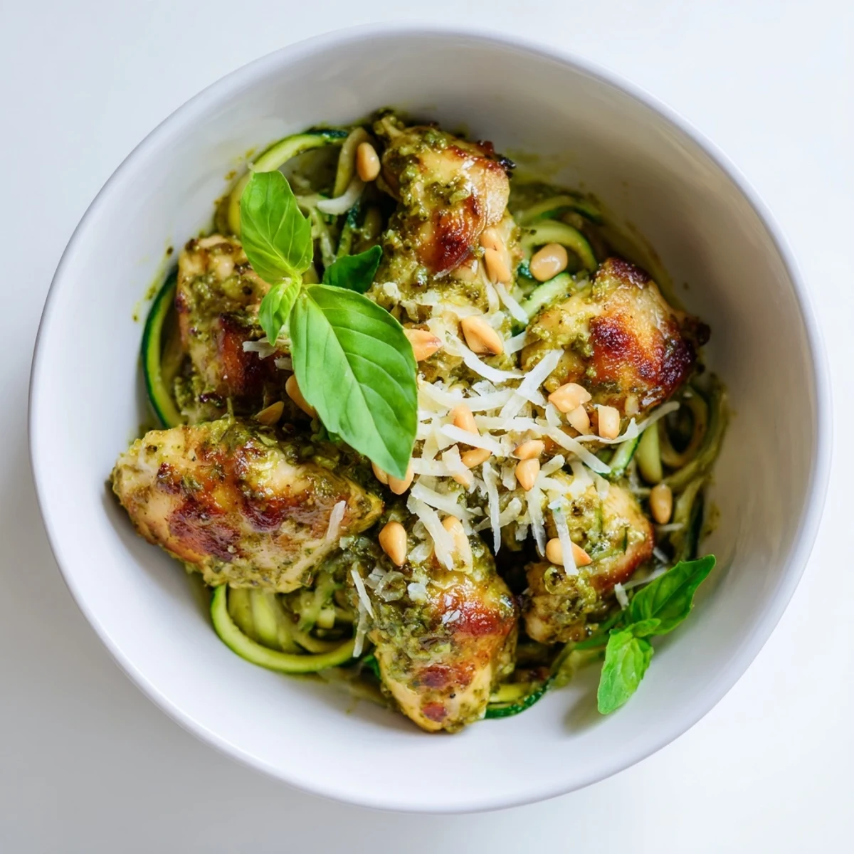 Tender chicken and vibrant zucchini noodles tossed in aromatic basil pesto, topped with Parmesan and toasted pine nuts in a bright bowl.