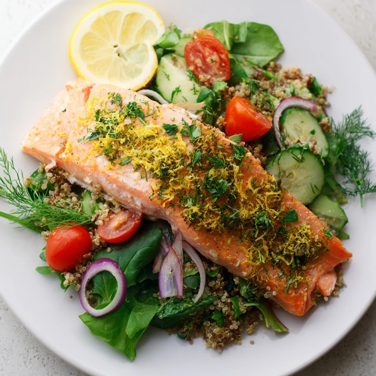 Lemon Herb Salmon Salad on a white plate features tender salmon fillet, fluffy quinoa, and crisp vegetables, drizzled with zesty lemon dressing.  
