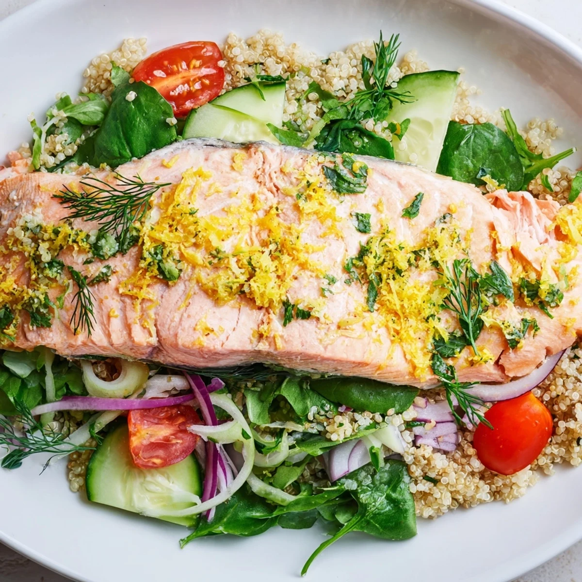 Warm baked Lemon Herb Salmon Salad with flaky salmon over quinoa, mixed greens, cherry tomatoes, cucumber, and fresh herbs in citrus vinaigrette.  