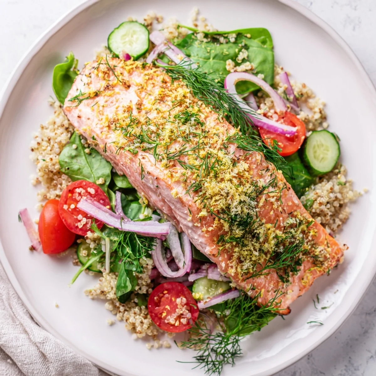 Vibrant Lemon Herb Salmon Salad combines savory salmon with aromatic herbs, cool cucumbers, and sweet tomatoes, served as a light main dish.