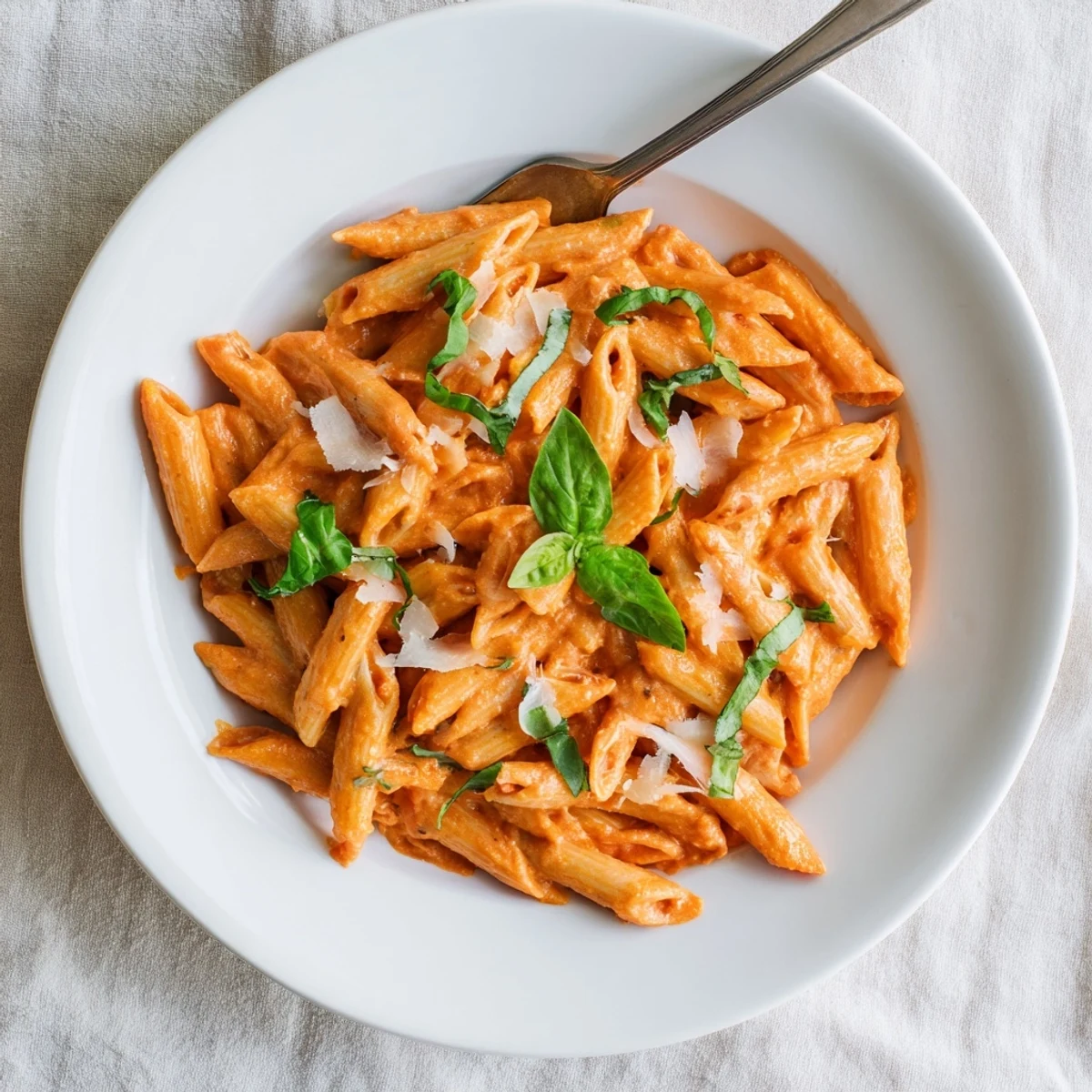 Creamy Roasted Red Pepper Pasta tossed with penne, topped with fresh basil and grated Parmesan on a rustic table.  