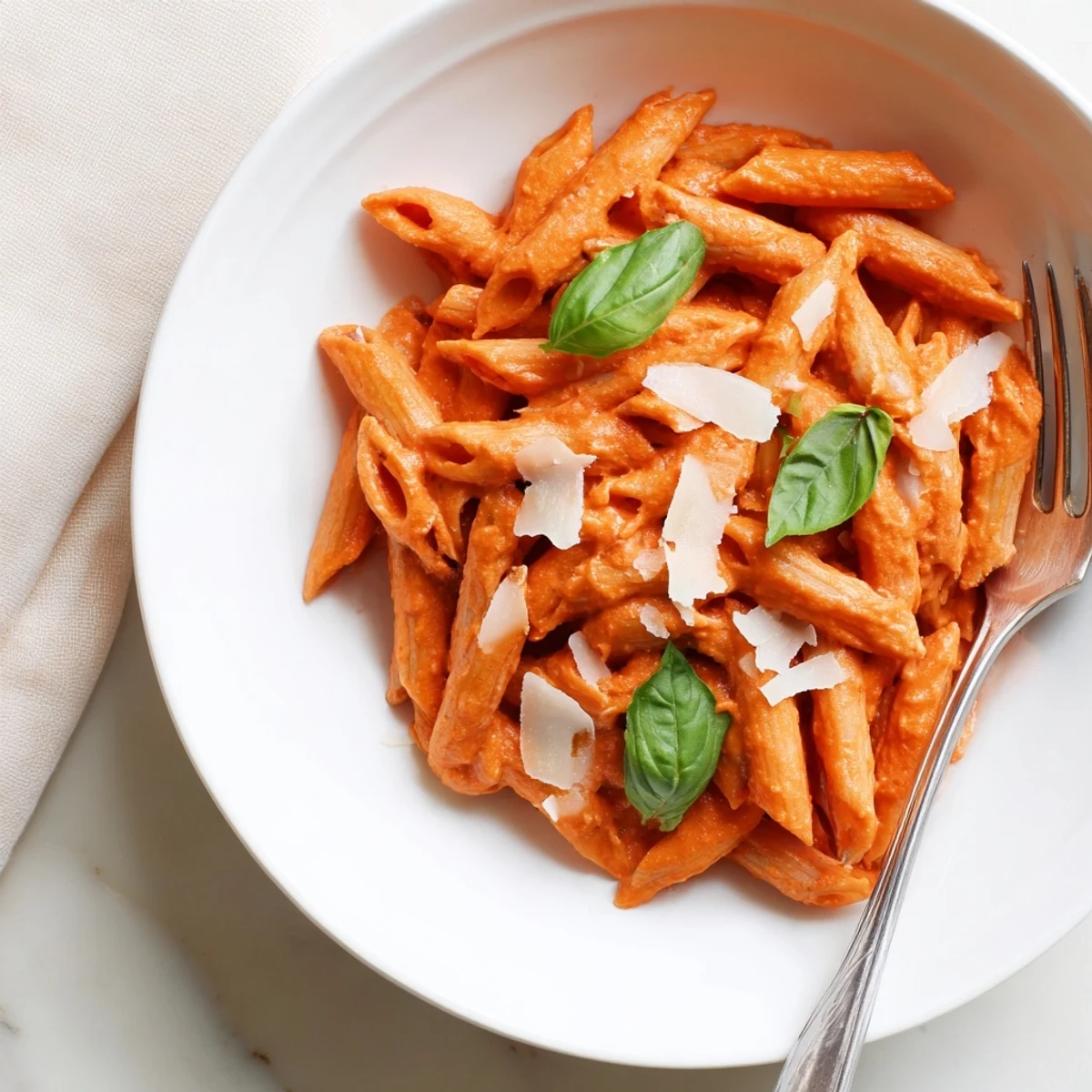 Serving suggestion for Roasted Red Pepper Pasta paired with a crisp salad, bright lighting highlighting the creamy texture.
