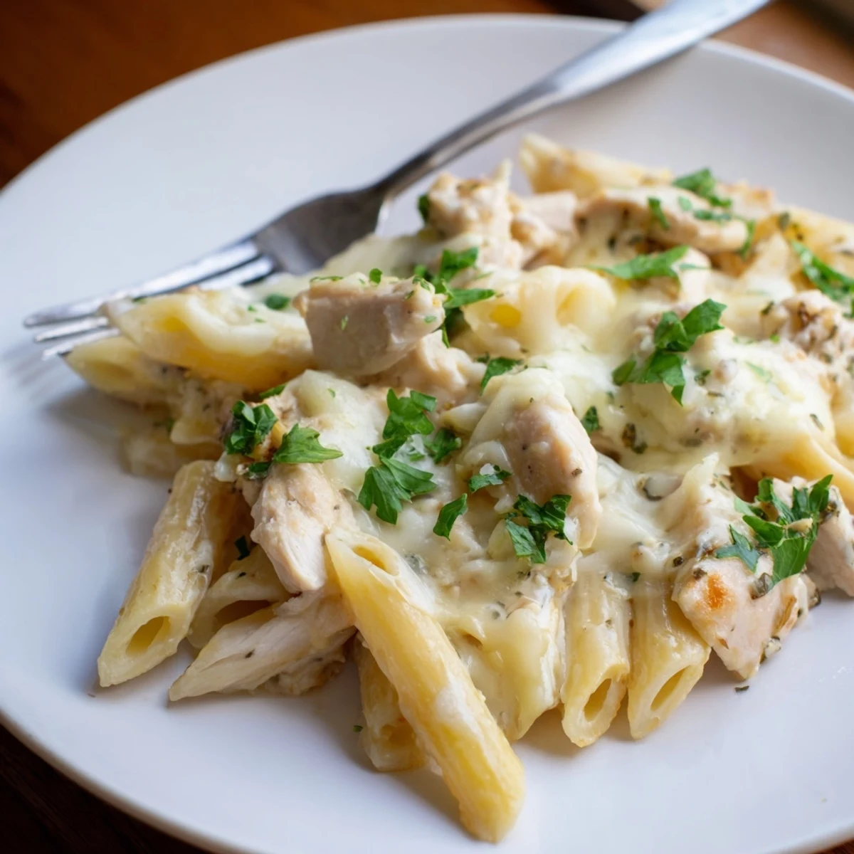 A freshly baked Chicken Alfredo Casserole emerges from the oven, featuring a golden, bubbly mozzarella topping and rich, creamy sauce.