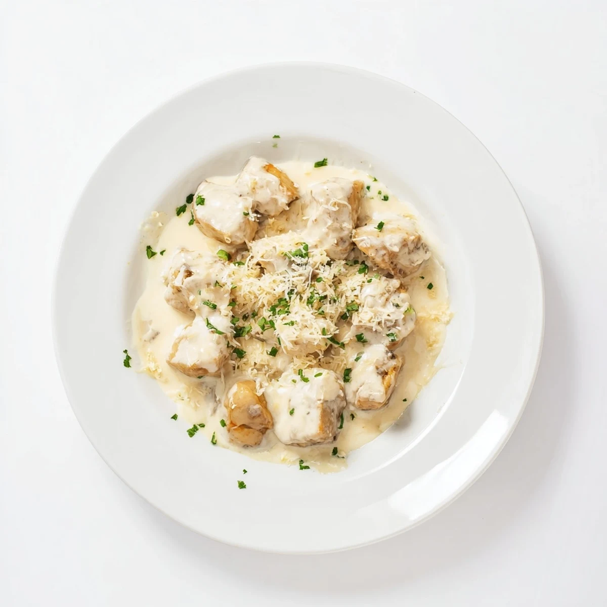 Tender Creamy Garlic Chicken Bites served hot over pasta with fresh parsley garnish.  