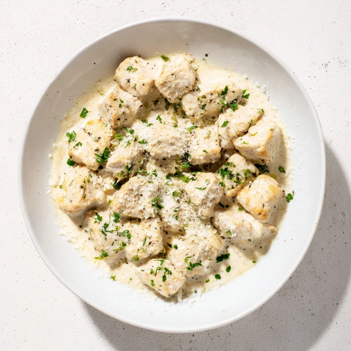Pan-seared Creamy Garlic Chicken Bites in a luscious garlic cream sauce, ready to serve.
