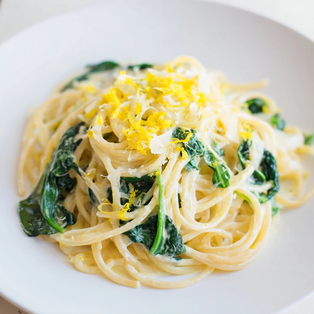 Steaming Creamy Lemon Spinach Spaghetti plated with a side salad, ready to serve as a comforting vegetarian dinner.