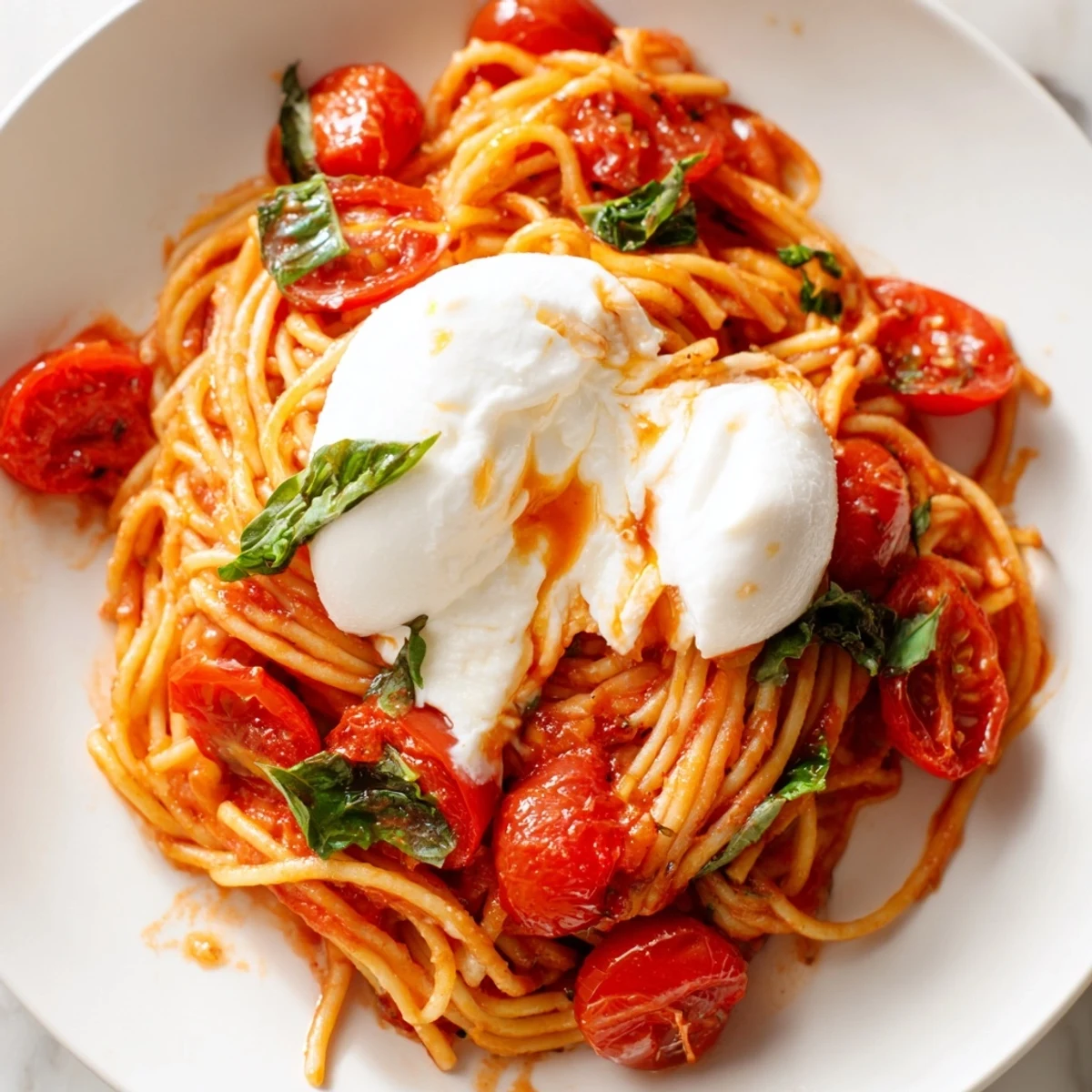 A close-up of Burrata Caprese Pasta with melted burrata draping over spaghetti, juicy halved cherry tomatoes, and fresh basil leaves.  