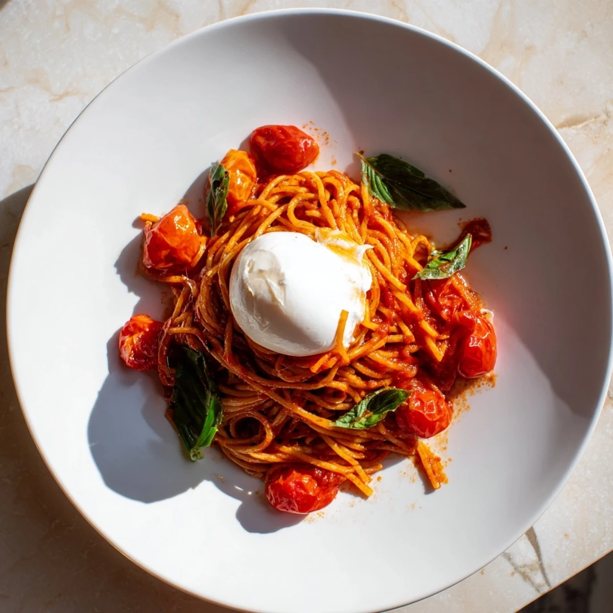 Plated Burrata Caprese Pasta garnished with torn basil and a drizzle of olive oil, showcasing a creamy, comforting Italian-inspired main dish.  