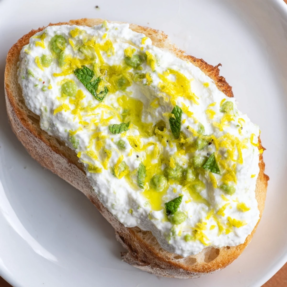 Creamy whipped ricotta with sweet peas and fresh mint spread on golden toasted sourdough, garnished with lemon zest.  
