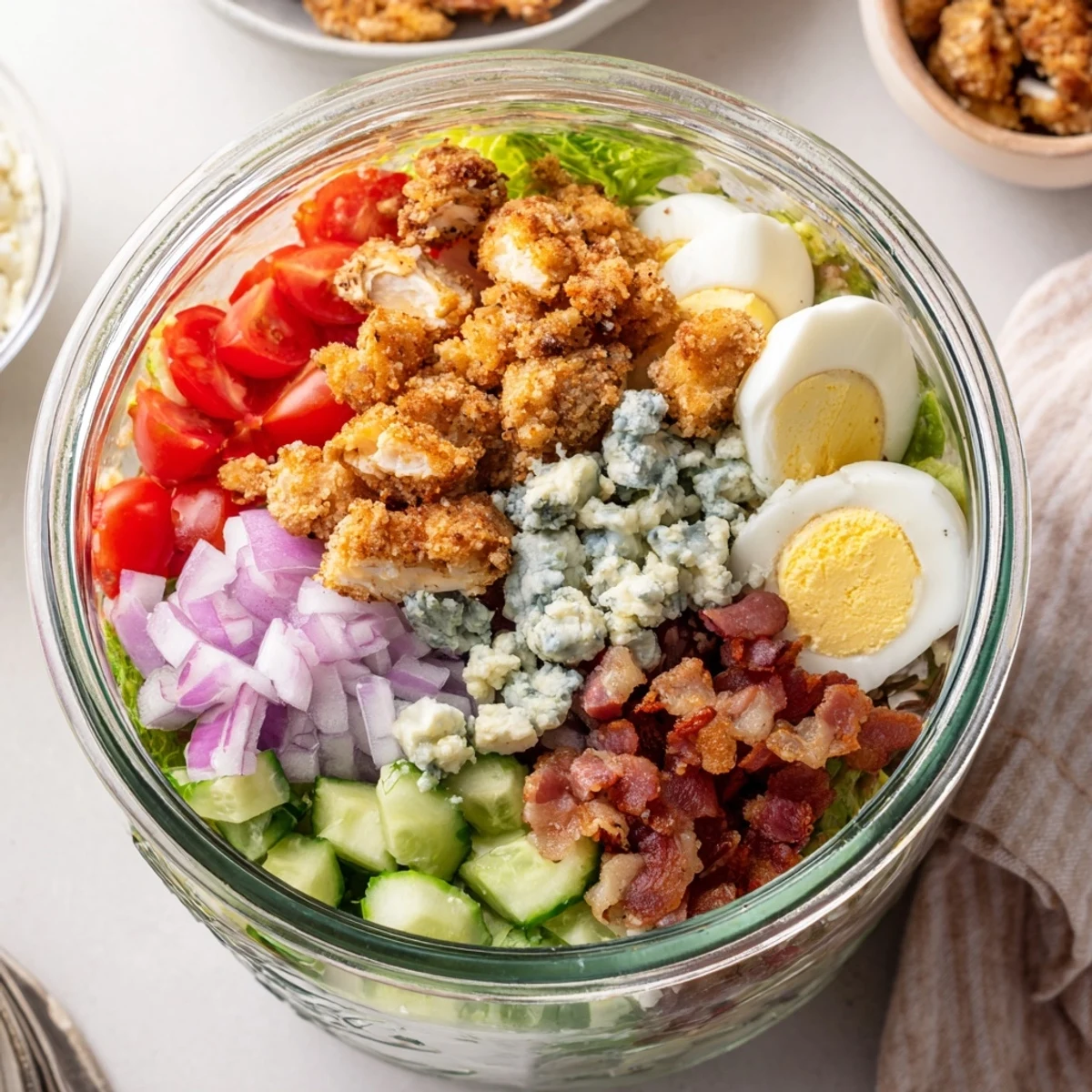 Inside a clear mason jar, the Crispy Chicken Cobb Salad features chopped romaine, cherry tomatoes, and creamy avocado chunks.