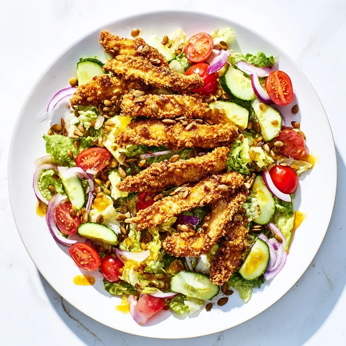Crispy Hot Honey Chicken Salad features golden fried chicken strips drizzled with spicy honey over crisp romaine lettuce.  