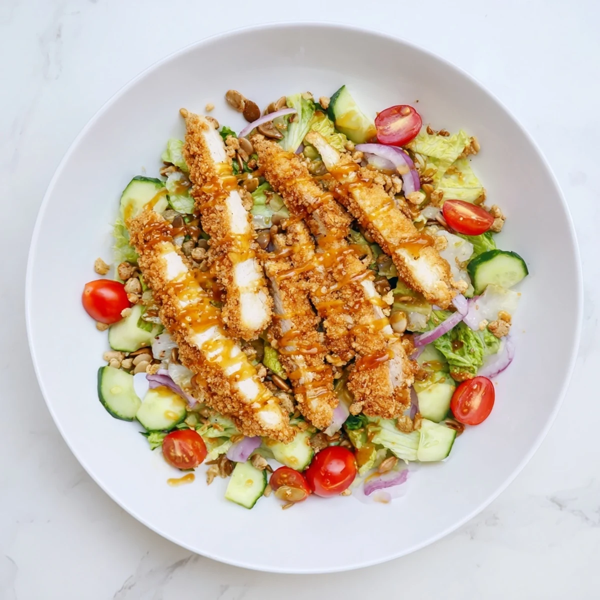 Vibrant bowl of Crispy Hot Honey Chicken Salad with juicy tomatoes, cucumbers, and bold hot honey drizzle.