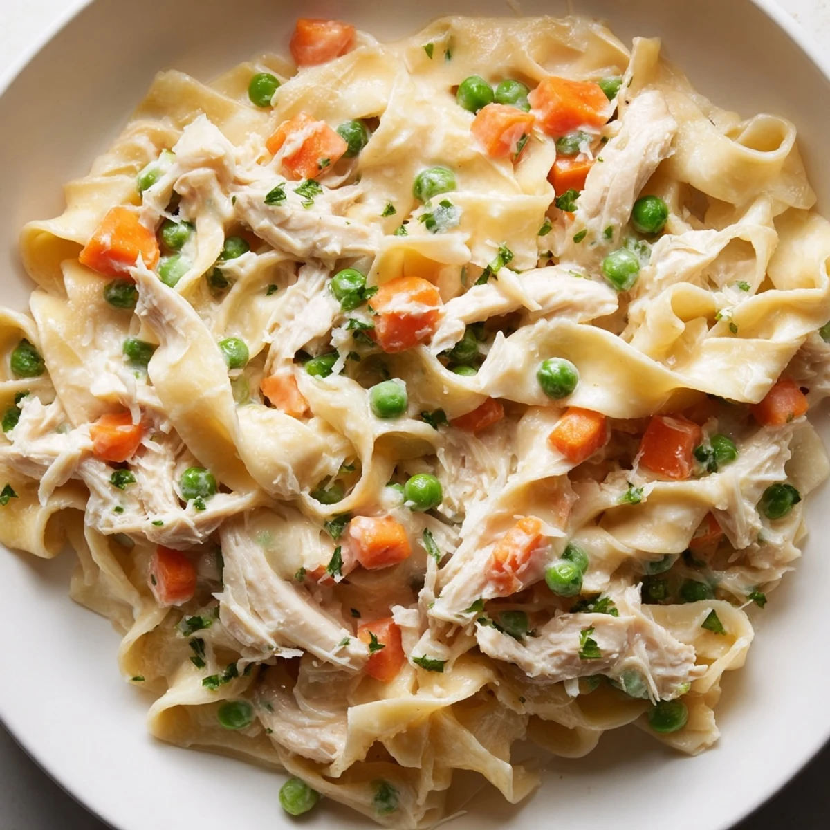 Creamy Spring Chicken Noodle Skillet with tender shredded chicken, sweet peas, and carrots served warm in a skillet.