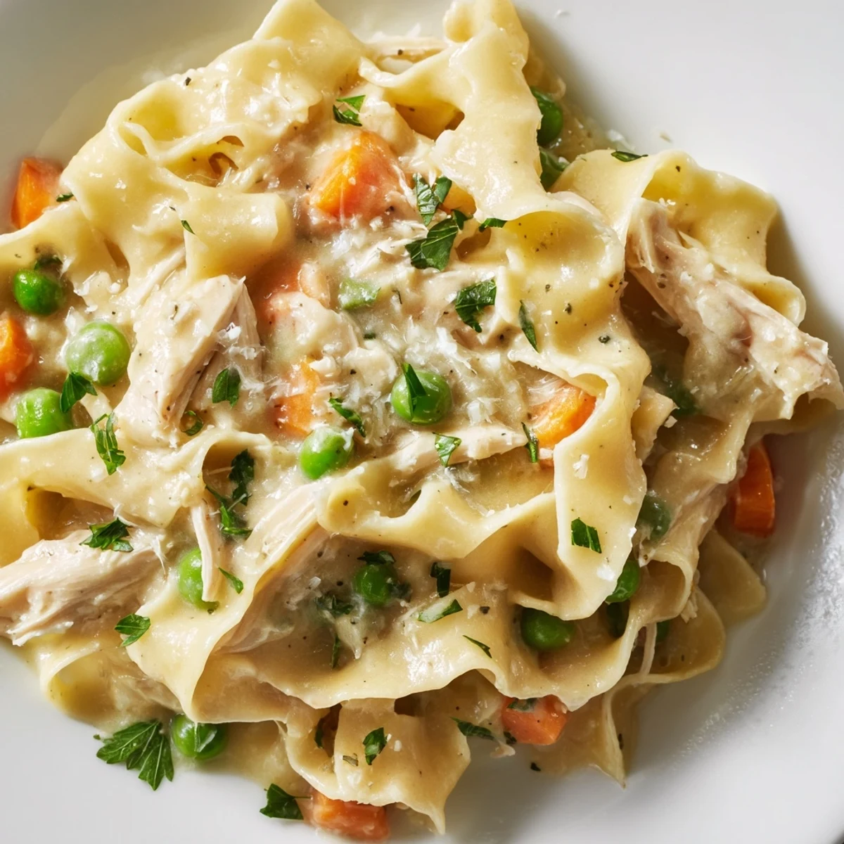 Family-friendly Spring Chicken Noodle Skillet with colorful vegetables, savory chicken, and golden noodles garnished with Parmesan.