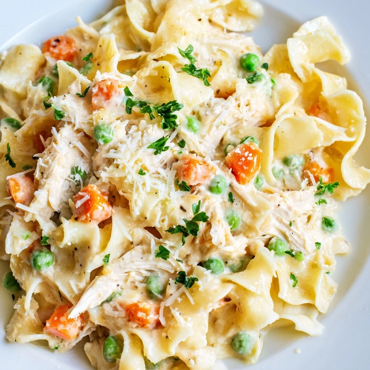 A cozy bowl of Spring Chicken Noodle Skillet featuring egg noodles, fresh parsley, and a light, creamy sauce.