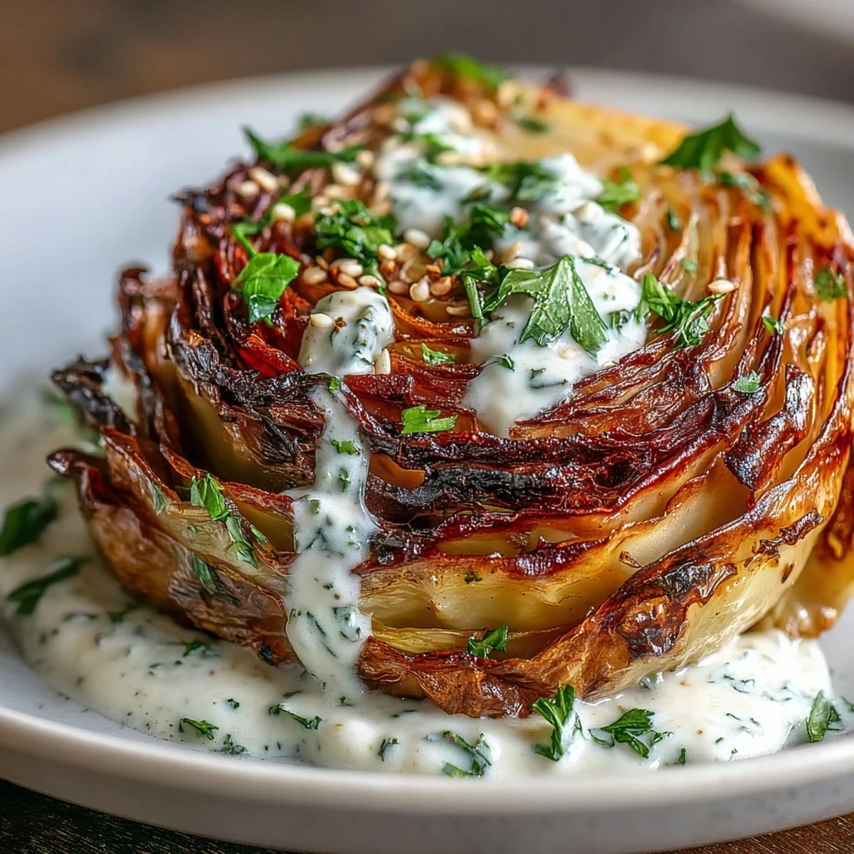 Roasted cabbage steaks with tahini drizzle, golden and caramelized edges on a platter garnished with fresh parsley.