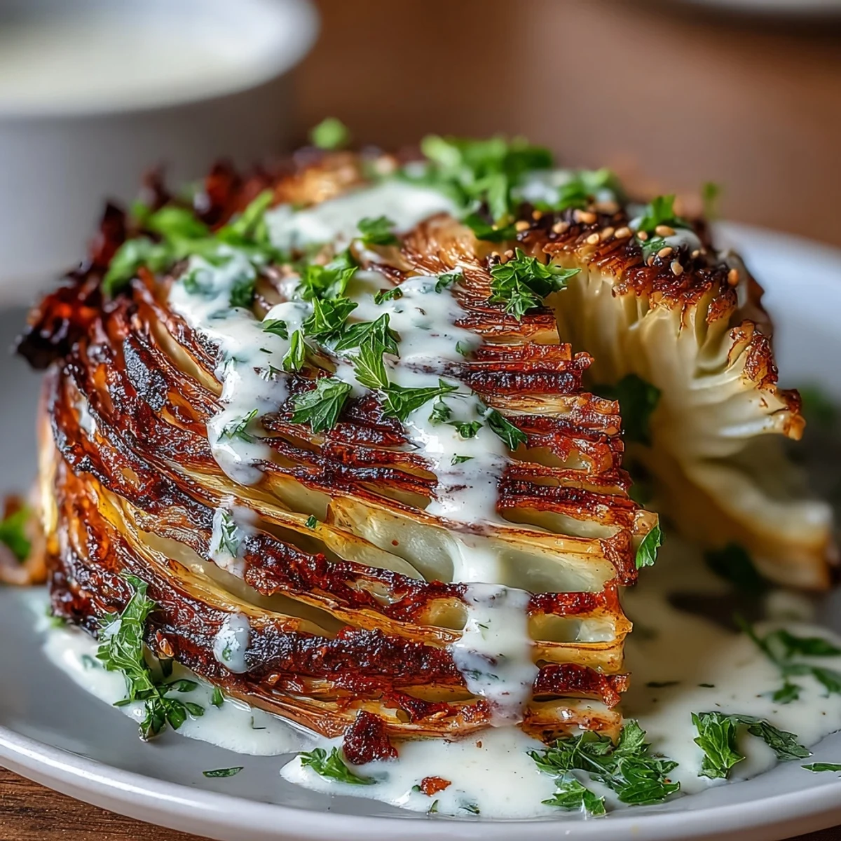 Four roasted cabbage steaks with tahini drizzle on a platter, garnished with parsley and lemon wedges.