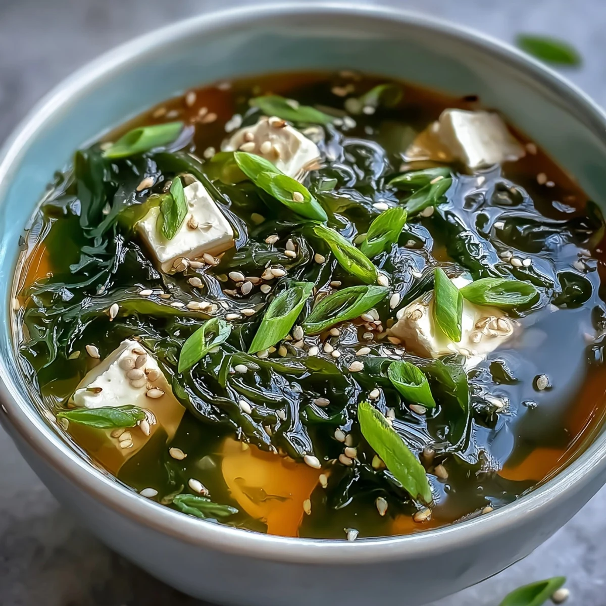 Serving suggestion for wakame soup, garnished with sliced scallions beside steamed rice for a light, vegetarian meal.