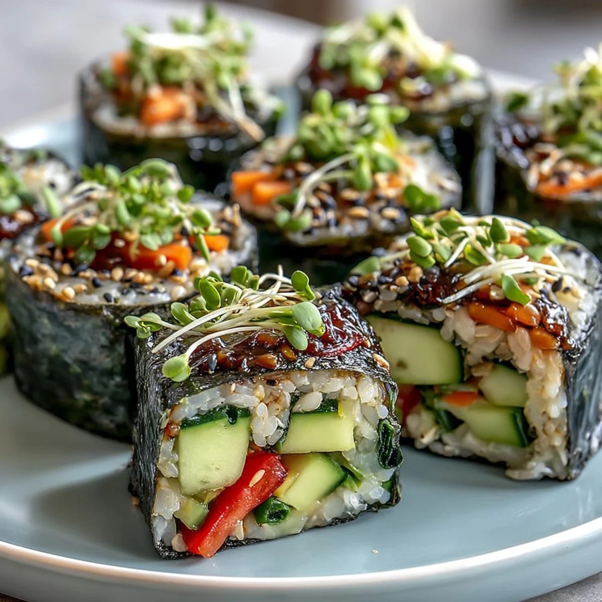 Colorful Nori Rolls with Vegetables served with dipping sauce, pickled ginger, and wasabi for a light Japanese-inspired snack.