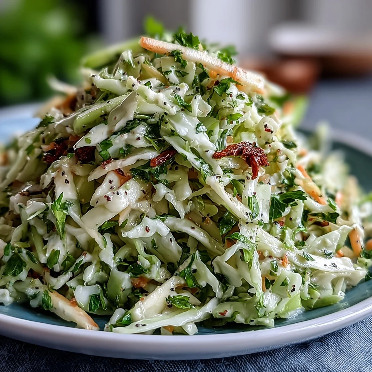 Shredded green cabbage and crisp Granny Smith apples tossed with carrots in a light, tangy dressing in a rustic white bowl.