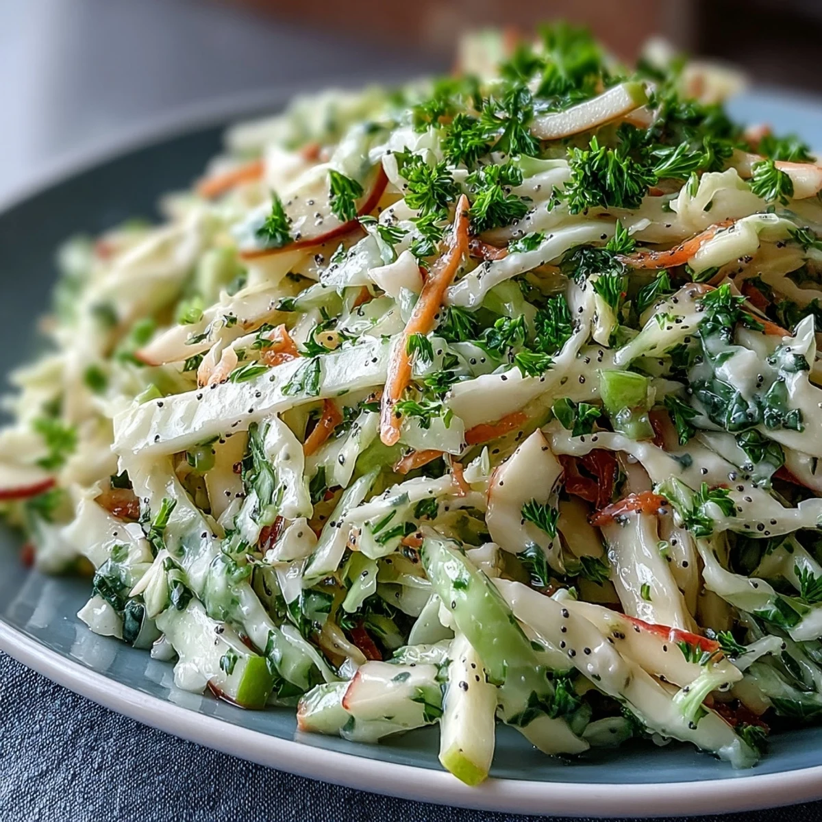 Freshly made green cabbage and apple slaw garnished with parsley, ready for a summer barbecue or picnic side dish.